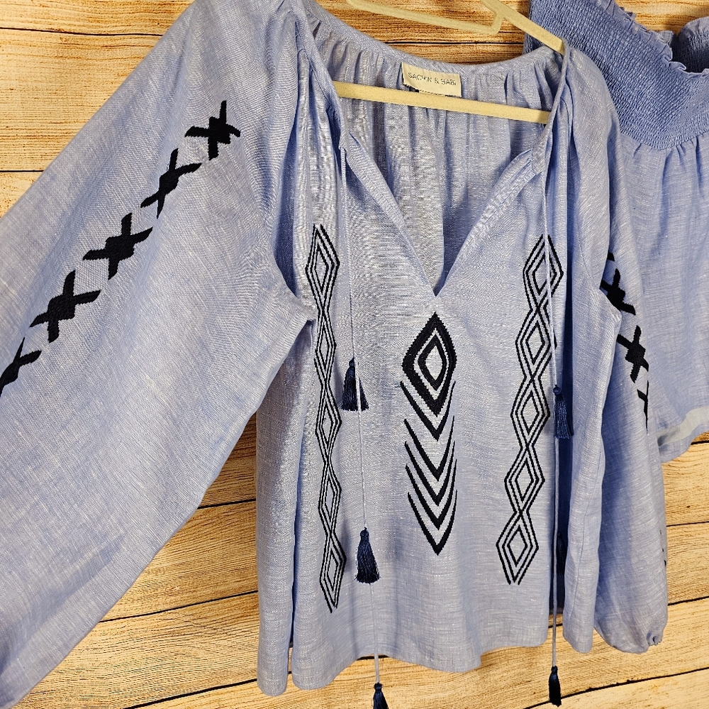 Sachin Babi Blue Linen Embroidered Shirt and Short Set Size Medium - Picture 2 of 6